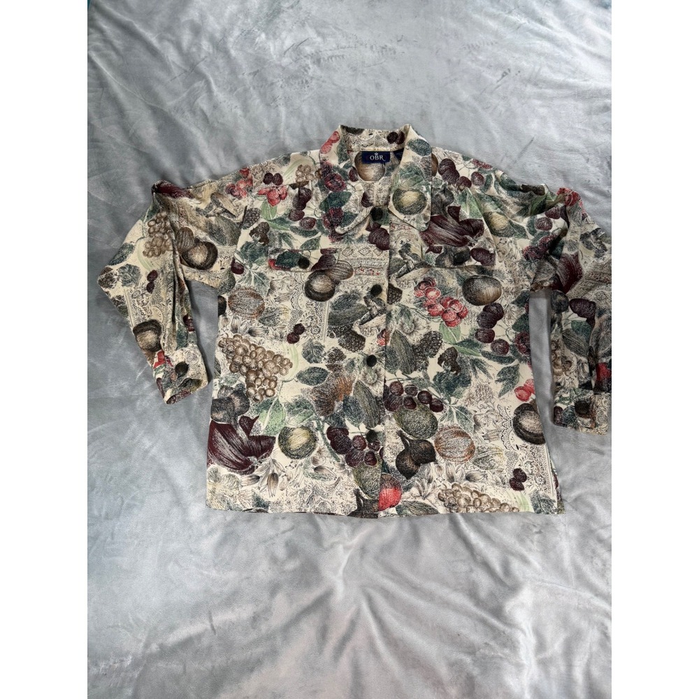 Vintage OBR 90s Floral Fruit Rayon Button Down Blouse Size XS